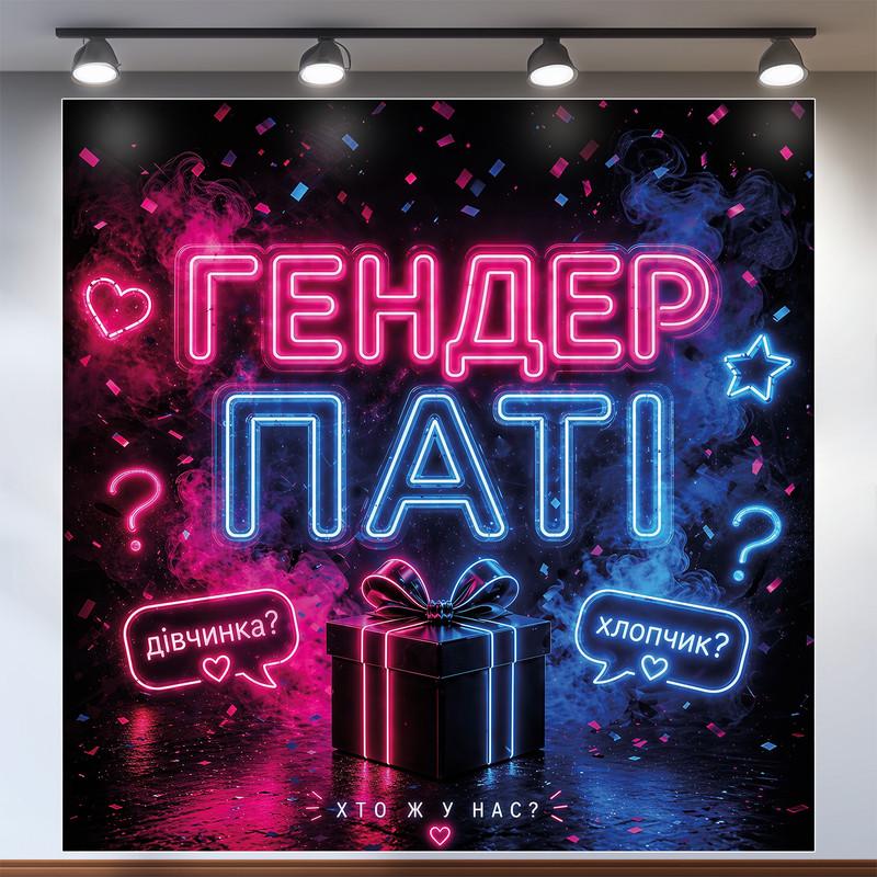 Баннер для вечеринки Гендер пати с неоновой подсветкой и подарком 160x160см, №48512