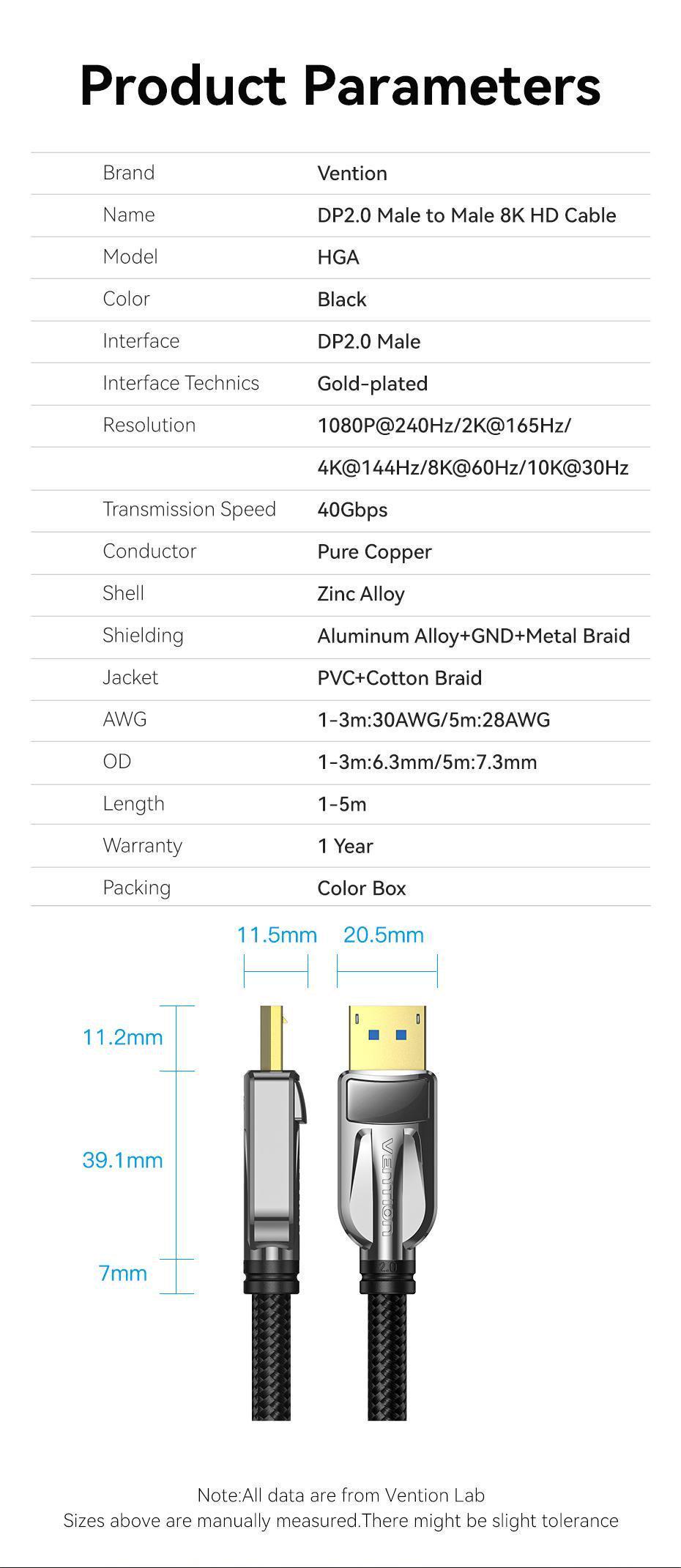 Кабель Vention DisplayPort 2.0 8K 60Hz 4K 144Hz 2K 165Hz 1080P 240Hz 40 Гбіт/с Gsync/Freesync 5 м Чорний (HGABJ) - фото 9