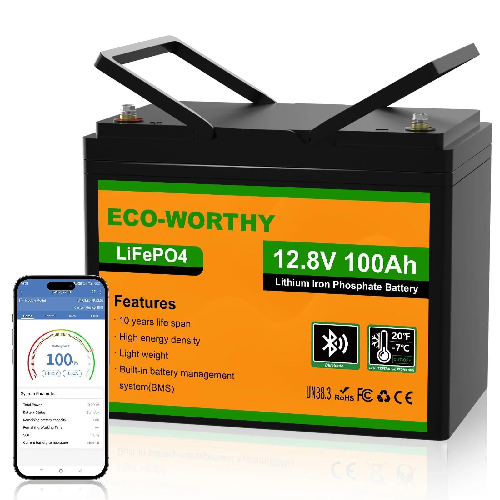 Аккумулятор для резервного питания LiFePO4 Eco-Worthy 12.8V 100Ah с Bluetooth
