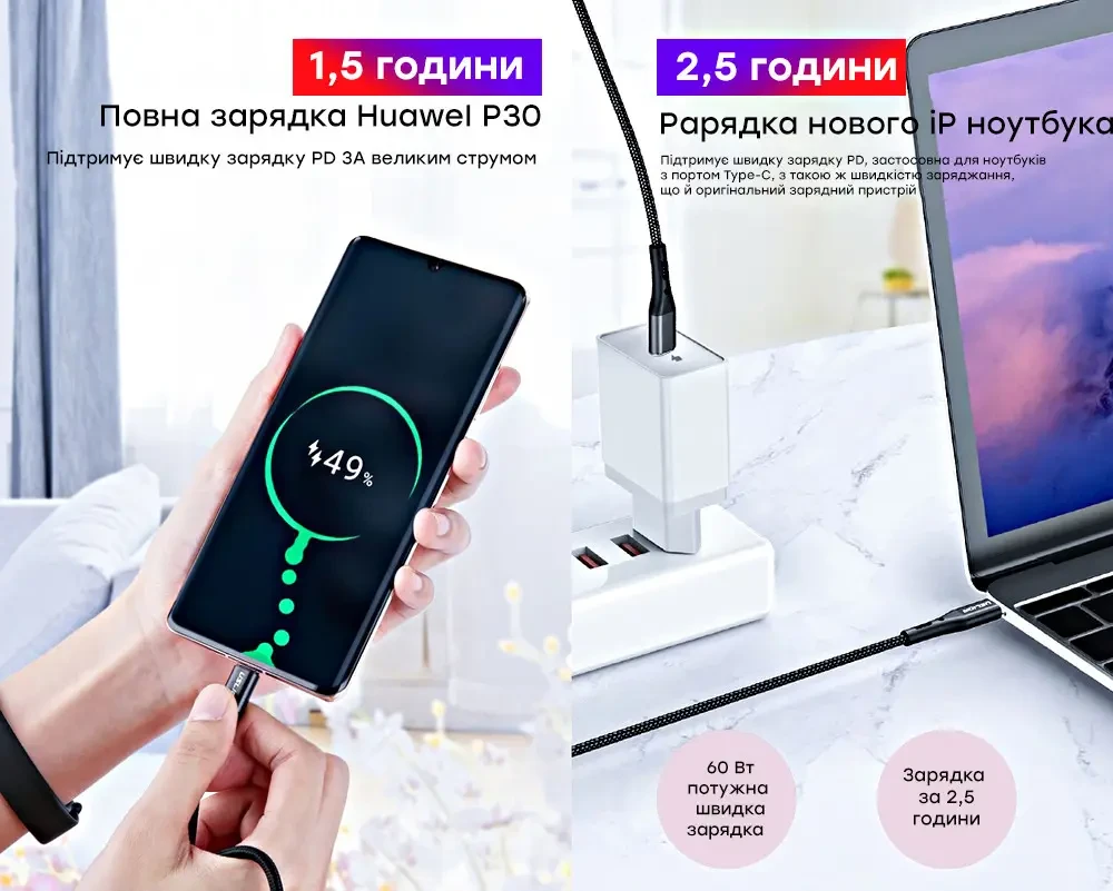 Кабель Uslion USB Type-C/USB Type-C для быстрой зарядки 60W 1 м Черный (1903188916) - фото 4