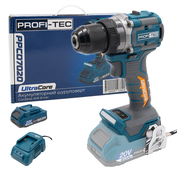 Дриль-шуруповерт PROFI-TEC PPCD7020 UltraCore 1хPT2020VX 2.0 Аг зарядний пристрій