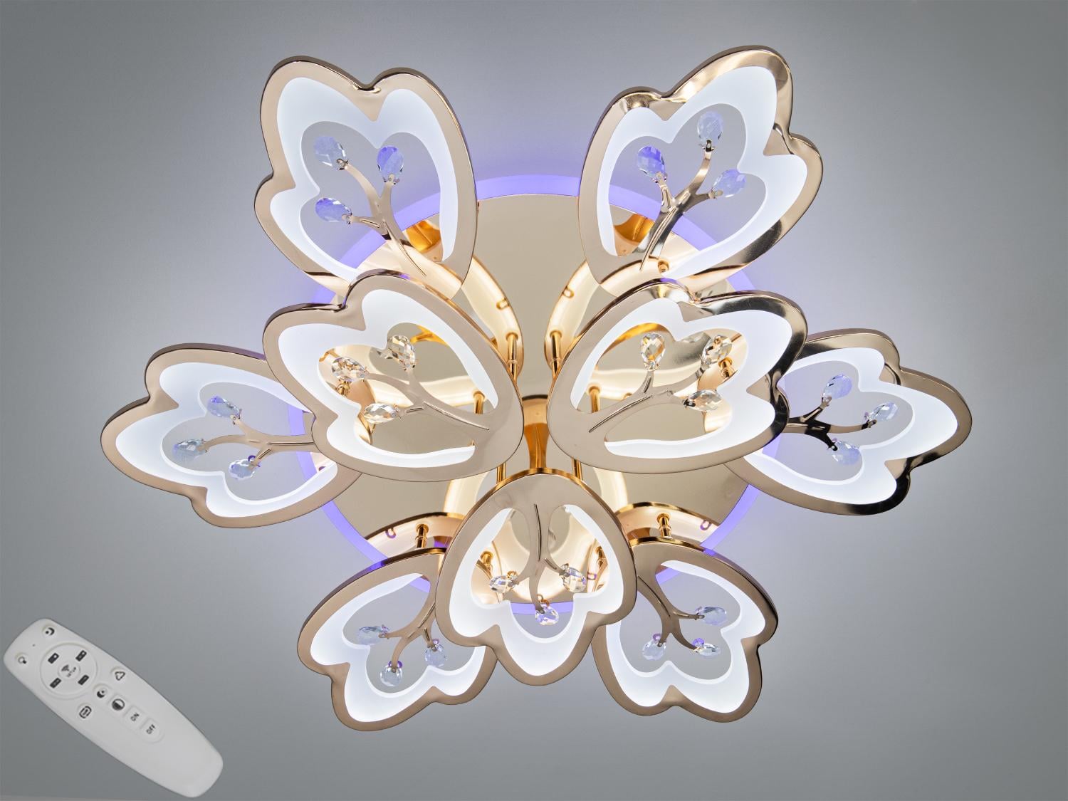 Люстра потолочная LED 9 лепестков пульт/димер 185 W Золотой (8148/6+3G 3col dim)