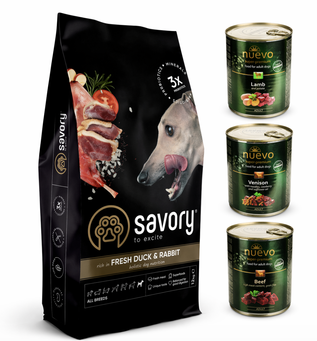 Набор корма для собак всех пород Savory с уткой и кроликом 3 кг и консервы Nuevo 3 шт. по 400 г (4820232630174)
