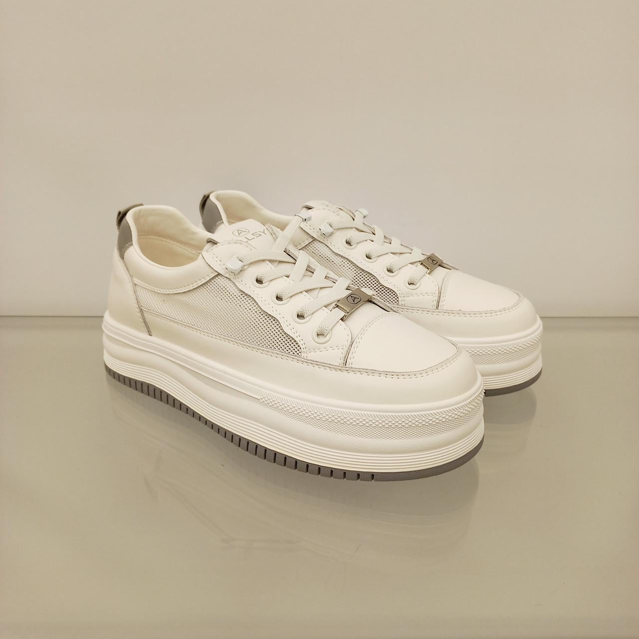 Кроссовки женские кожаные с сеткой на платформе р. 37 Белый (33384543)