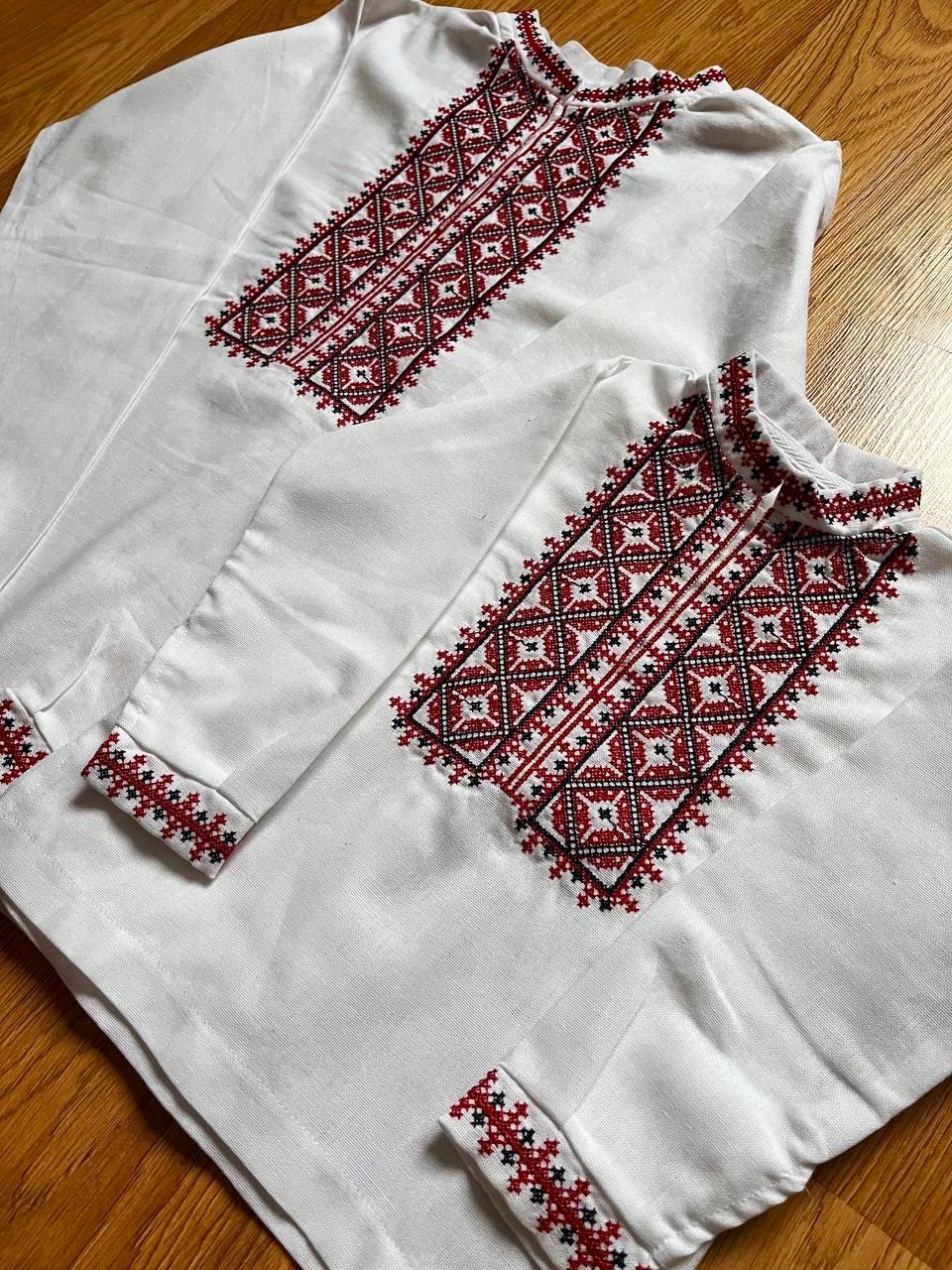 Вышиванка на мальчика лен с красным орнаметом с длинным рукавом 158 см Белый (1887835831) - фото 7