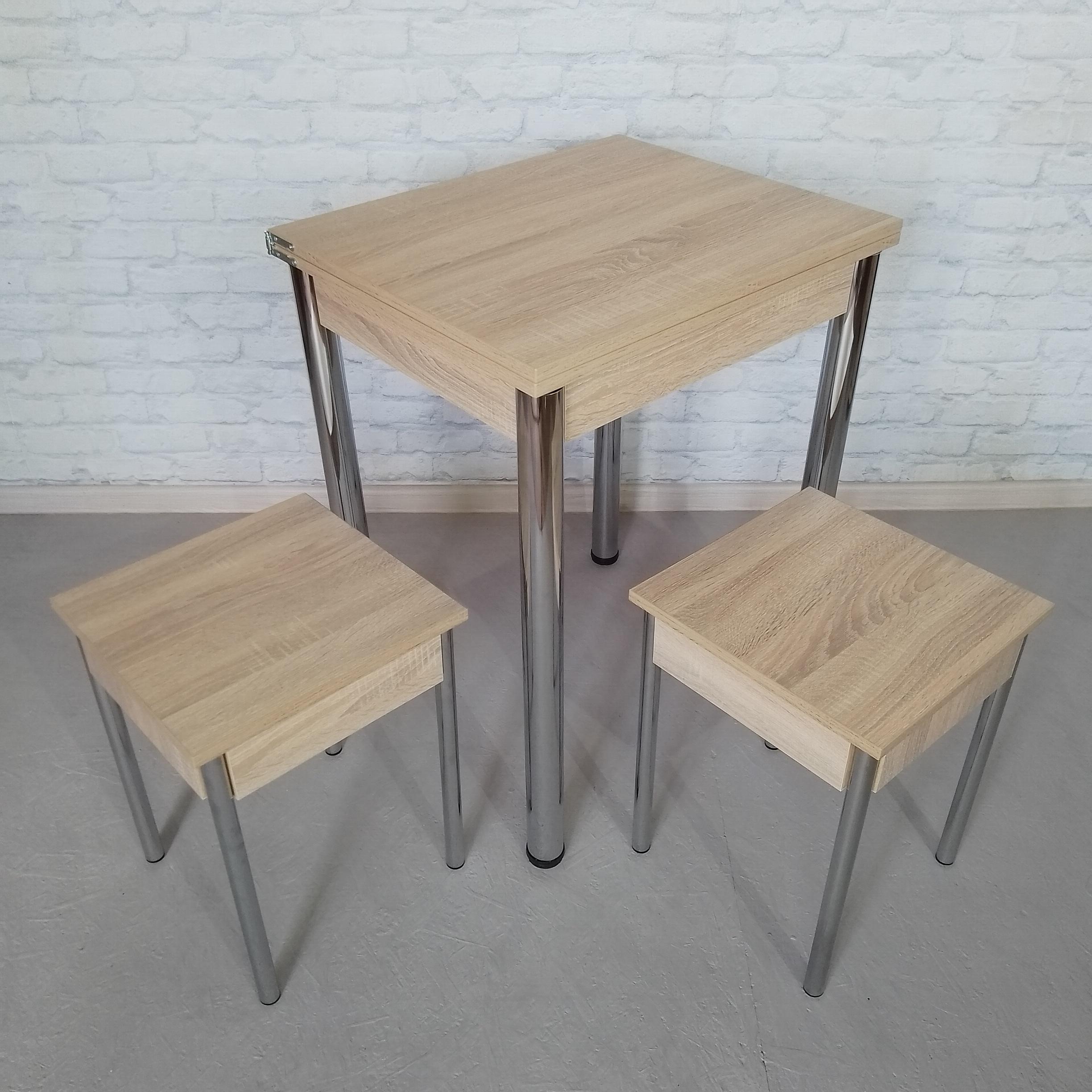 Обеденный стол и 2 табурета Смарт раскладной/ножки металлические 60х50х75 см/100х60х75 см Дуб сонома/Хром (0055) - фото 2 Обеденный стол и 2 табурета Смарт раскладной/ножки металлические 60х50х75 см/100х60х75 см Дуб сонома/Хром (0055) - фото 2