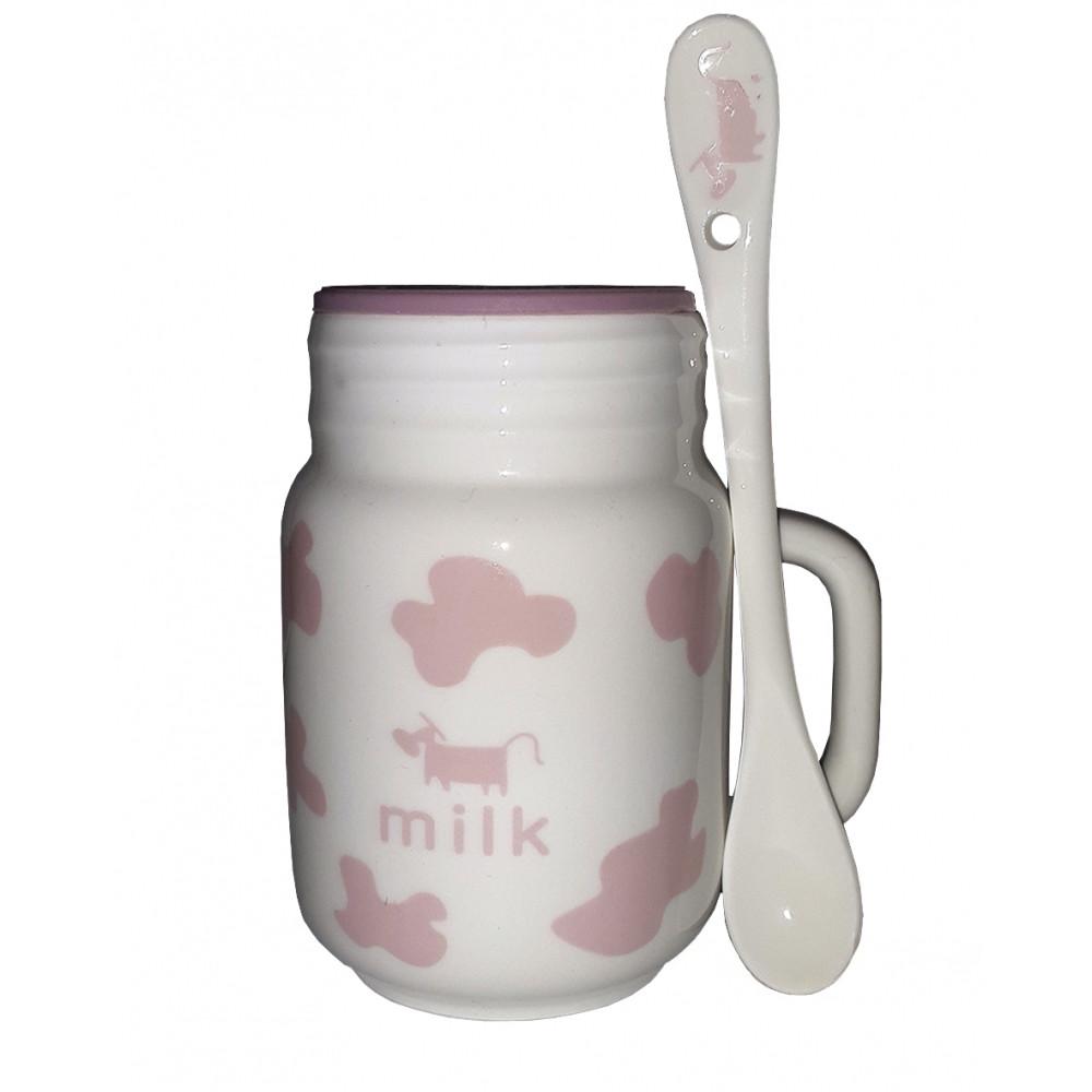 Кружка керамическая Бидончик с крышкой и ложкой 400 мл Розовый (21-рож-35191-1)