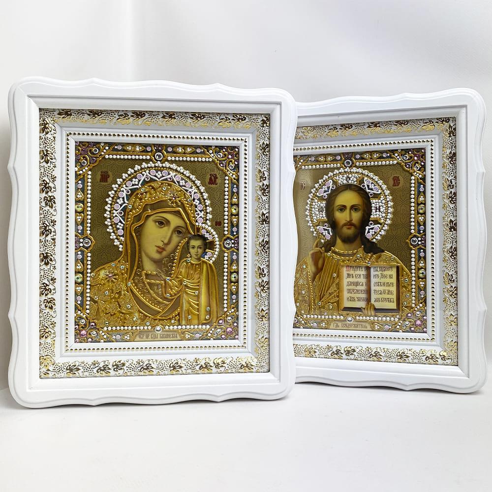Венчальная пара Богородица Казанская и Спаситель в белой раме (ФР-00003213)