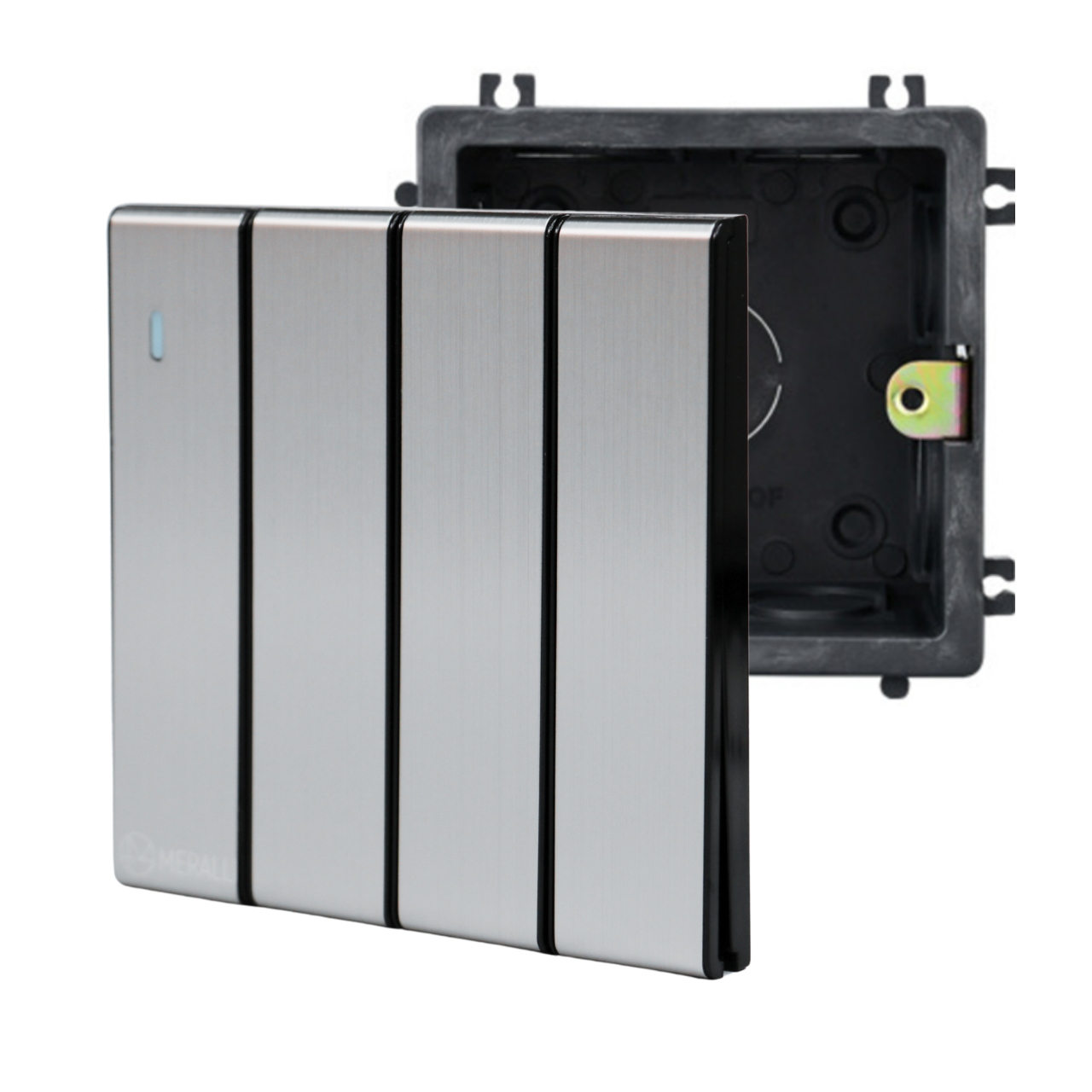 Комплект вимикач прохідний 4 клавішний MERALLI INOX безрамковий/квадратний підрозетник MERALLI модульний вбудований Чорний