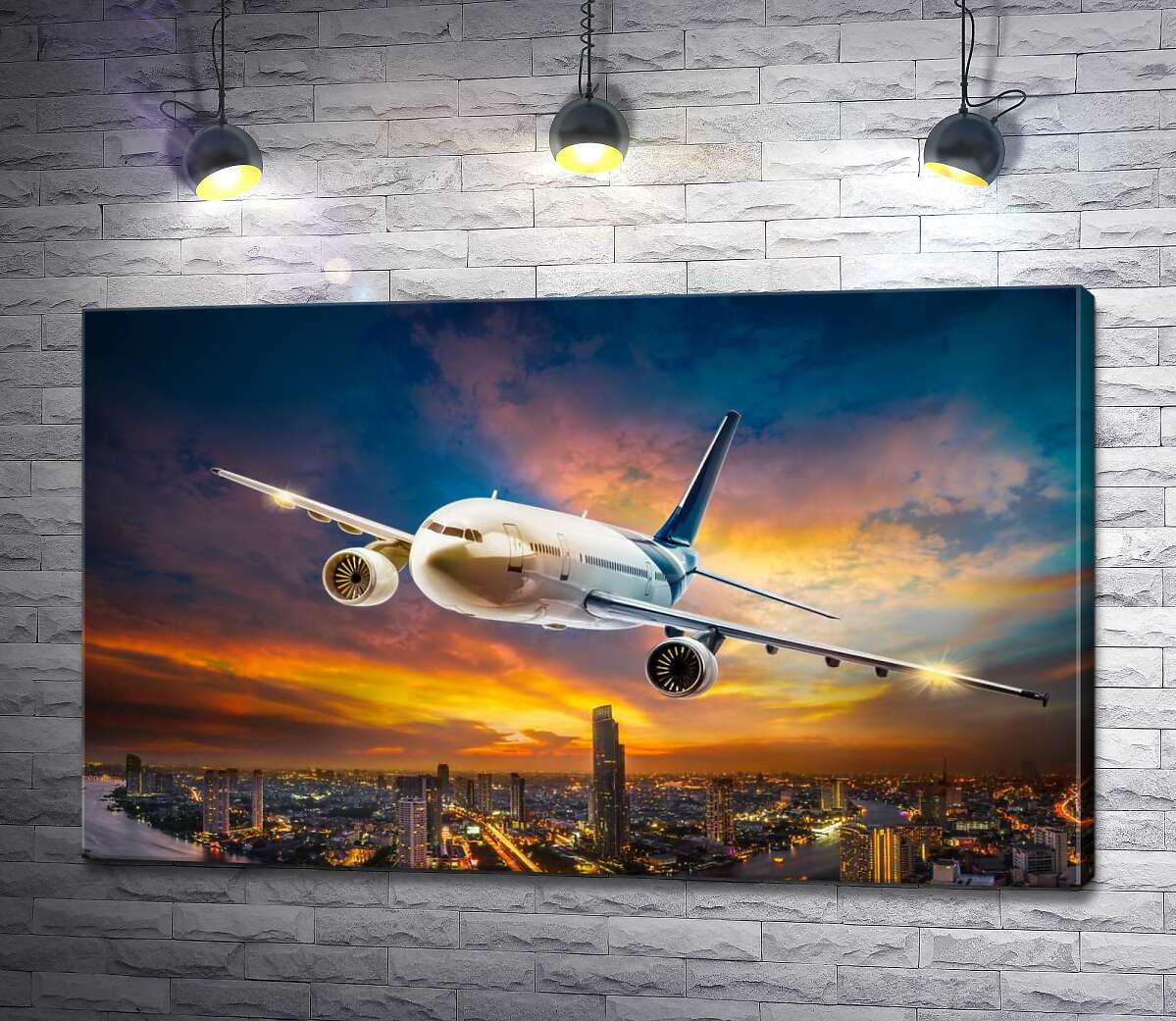 Картина ArtPoster Белый самолет несется над мегаполисом 100x61 см Модуль №1 (000495)