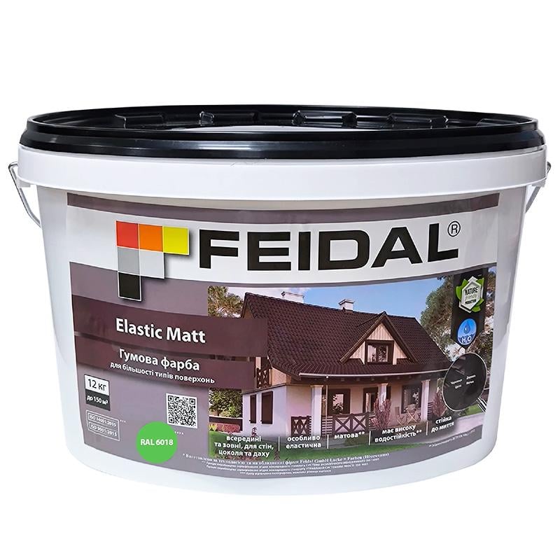Фарба Feidal Elastic Matt гумова матова стійка до вологи/тріщин та УФ 12 кг RAL 6018 Світло-зелений
