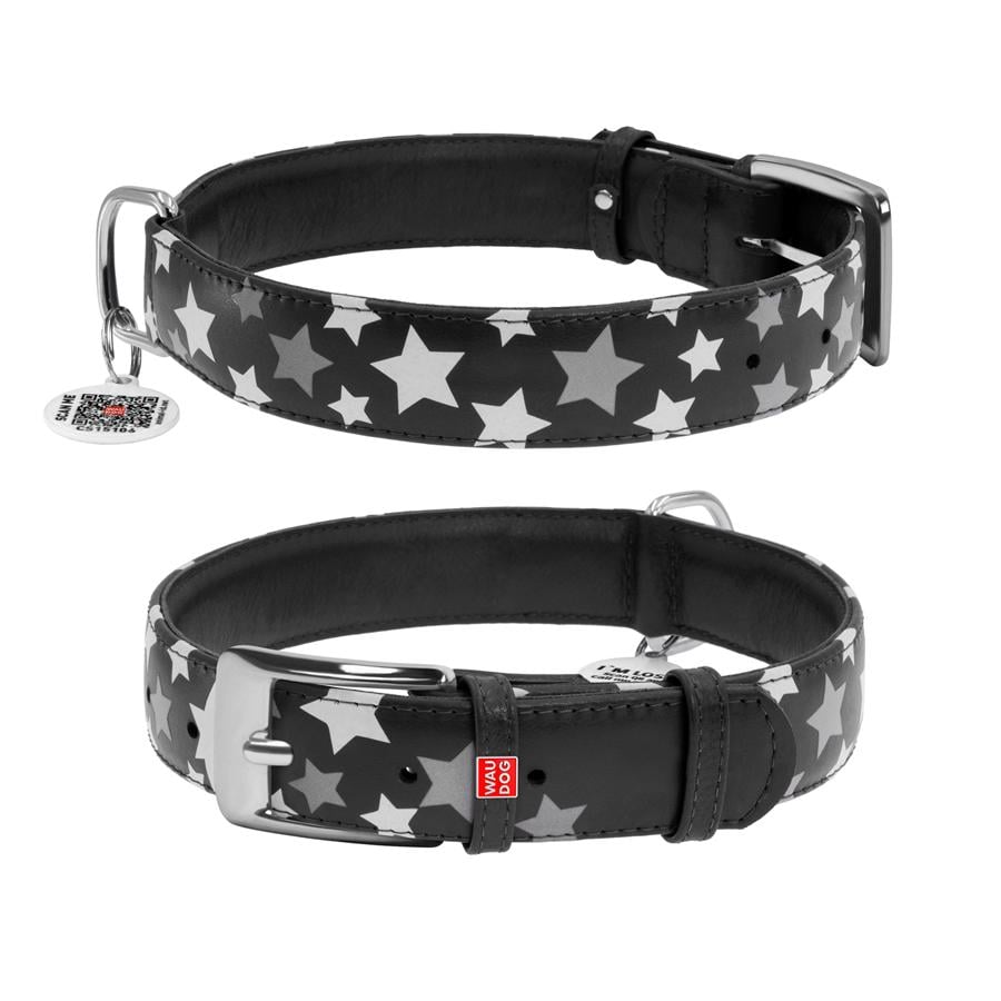 Ошейник для собак с QR-паспортом Waudog Glamour Звездочка кожаный светящийся/светоотражающий XL 35 мм 46-60 см Black (35881) - фото 1 Ошейник для собак с QR-паспортом Waudog Glamour Звездочка кожаный светящийся/светоотражающий XL 35 мм 46-60 см Black (35881) - фото 1