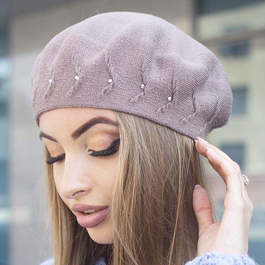 Берет женский Lirus Мятный двойной не большой тонкой вязки со стразами L/57-58 Темно-пудровый