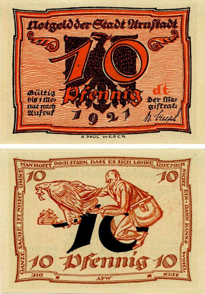 Коллекционная банкнота Германия Нотгельд 10 пфеннигов 1921 F-VF Арнштадт. Серия dt (Б16137)