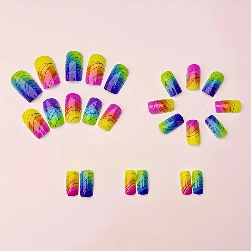 Нігті накладні Веселка квадрат середньої довжини з клейовими стіками 24 шт. Різнокольорові (3000003756) - фото 4