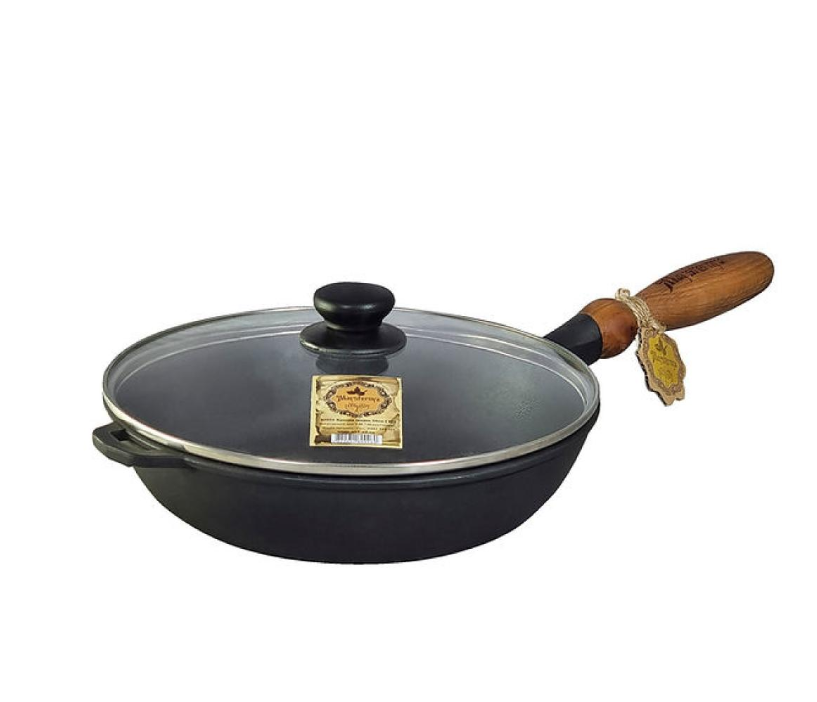 Сковорода Maysternya чавунна 24х6 см з дерев'яною ручкою зі скляною кришкою (Т304С3) Сковорода Maysternya чавунна 24х6 см з дерев'яною ручкою зі скляною кришкою (Т304С3)