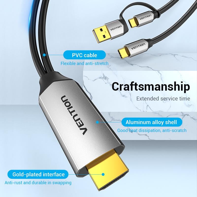 Кабель Vention Type-C-HDMI 4K 60Hz з Додатковим живленням Type-C + USB Thunderbolt 3 UHD USB-C HDCP 2.2 1,5 м Чорний (CGXBG) - фото 17