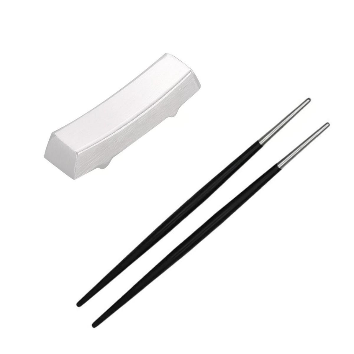 Комплект из прямоугольной подставки и палочек для суши REMY-DECOR с черной ручкой Серебряный