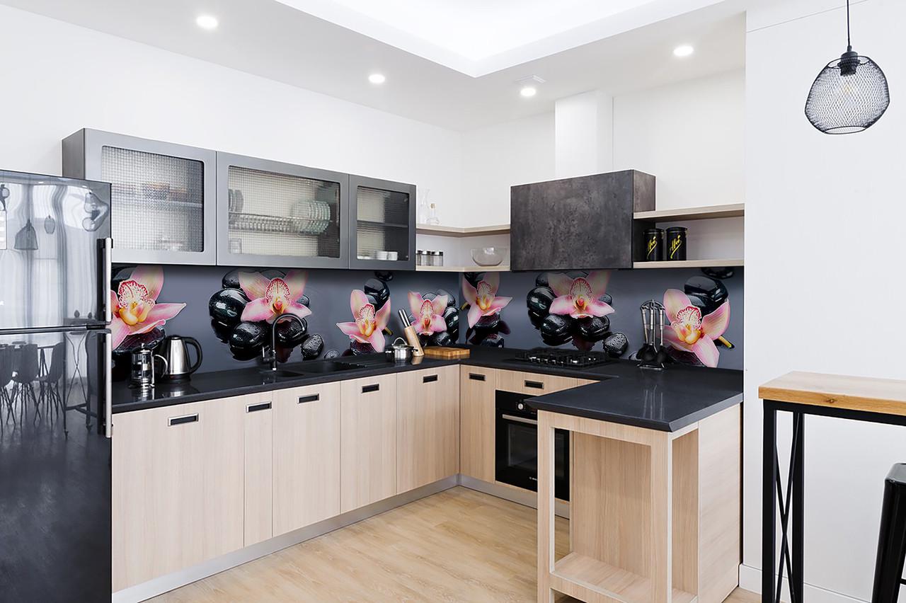 Кухонный фартук Благородные орхидеи из самоклеющейся виниловой пленки 60х300 см Черный