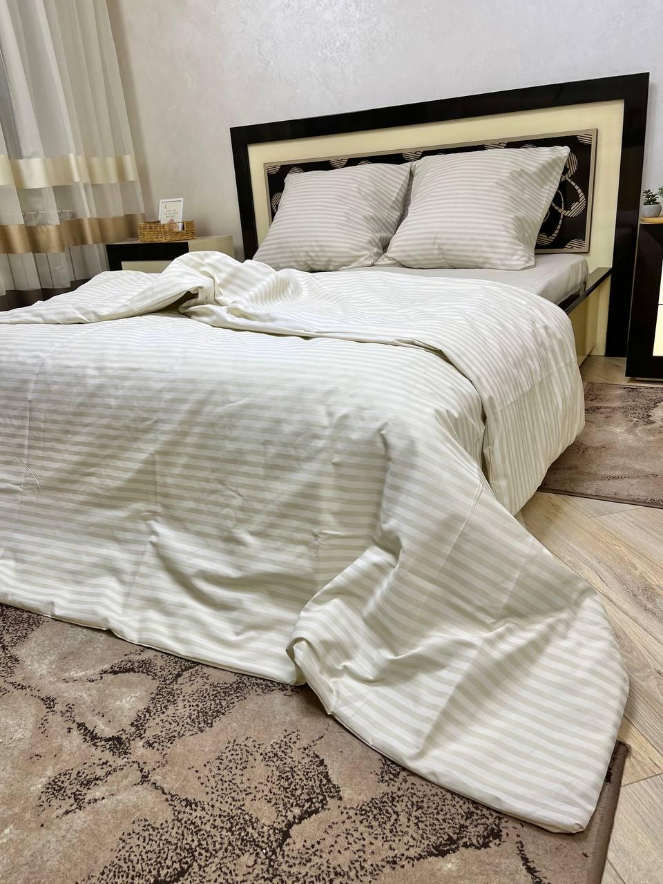 Комплект постільної білизни євро Смужка простирадло на резинці 180x200х20 см Бежевий (28838376)