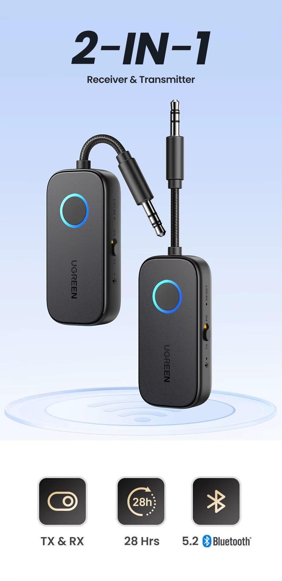 Адаптер UGREEN Bluetooth 5.2 3,5 мм AUX 28 годин роботи Чорний (35222) - фото 2 Адаптер UGREEN Bluetooth 5.2 3,5 мм AUX 28 годин роботи Чорний (35222) - фото 2