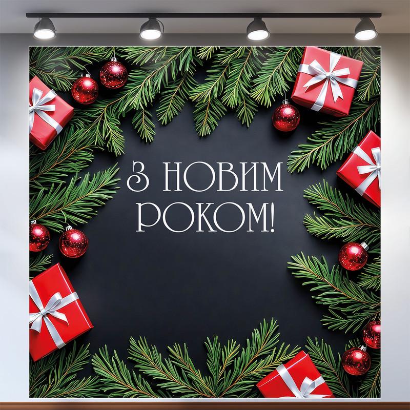 Баннер праздничный "З Новим роком!" с ветками/шариками и подарками 120x120 см №46026