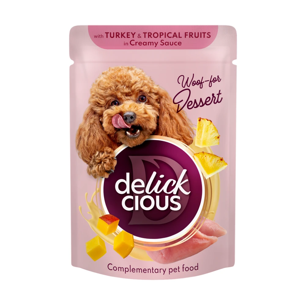 Корм для собак влажный DELICKCIOUS Хлопья с индейкой и тропическими фруктами в сливочном соусе 0,08 кг (2441168917)