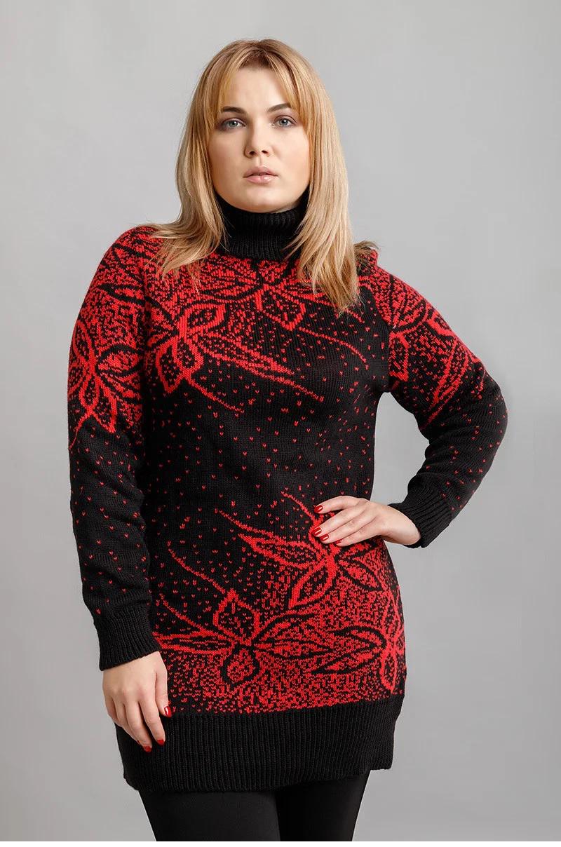 Свитер длинный под горло женский р. 48-52 Красно-черный (ЦВ03)