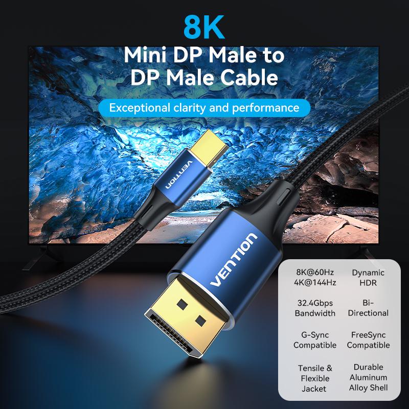 Кабель двонаправлений Vention mini DisplayPort-DisplayPort 1.4 8K 60Hz 4K 144Hz 2K 240Hz 32.4 Гбіт/с DP 2 м Чорний (HCFLH) - фото 2 Кабель двонаправлений Vention mini DisplayPort-DisplayPort 1.4 8K 60Hz 4K 144Hz 2K 240Hz 32.4 Гбіт/с DP 2 м Чорний (HCFLH) - фото 2