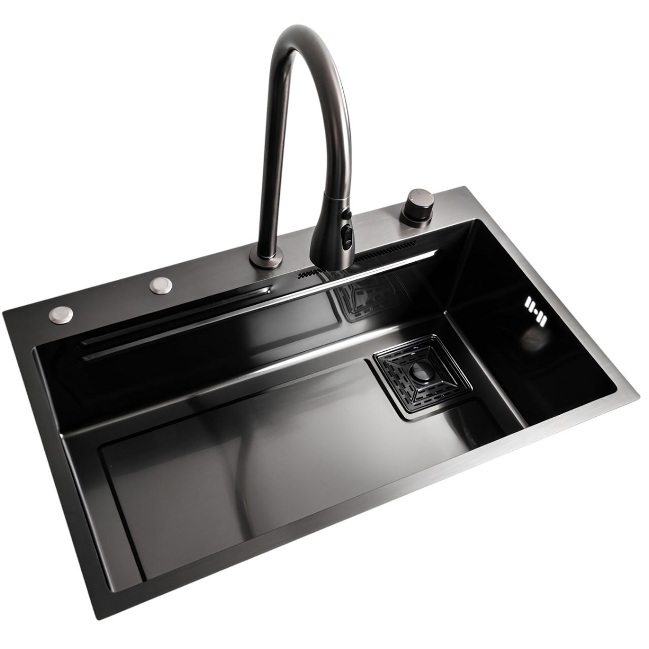 Мийка кухонна Platinum 75х45A PVD з режимом Водоспад та 2 лотками для продуктів Чорний (є257) - фото 3