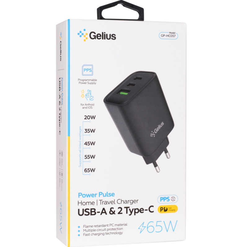Зарядний пристрій мережевий Gelius Power Pulse GP-HC057 65W USB/2Type-C Black (QC/PD/PPS) - фото 7 Зарядний пристрій мережевий Gelius Power Pulse GP-HC057 65W USB/2Type-C Black (QC/PD/PPS) - фото 7