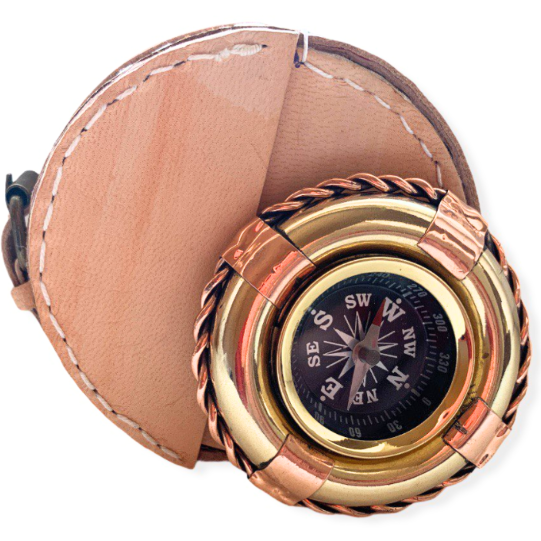 Компас из бронзы Спасательный круг 7 см в кожаном чехле