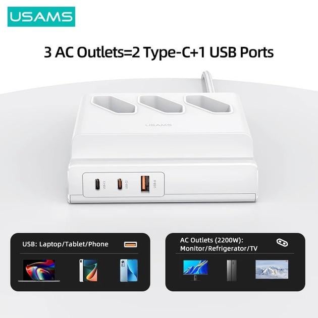 Зарядное устройство для Usams 6в1 65W Super Si Fast Charging 1xUSB, 2xType-C/3 розетки - фото 7