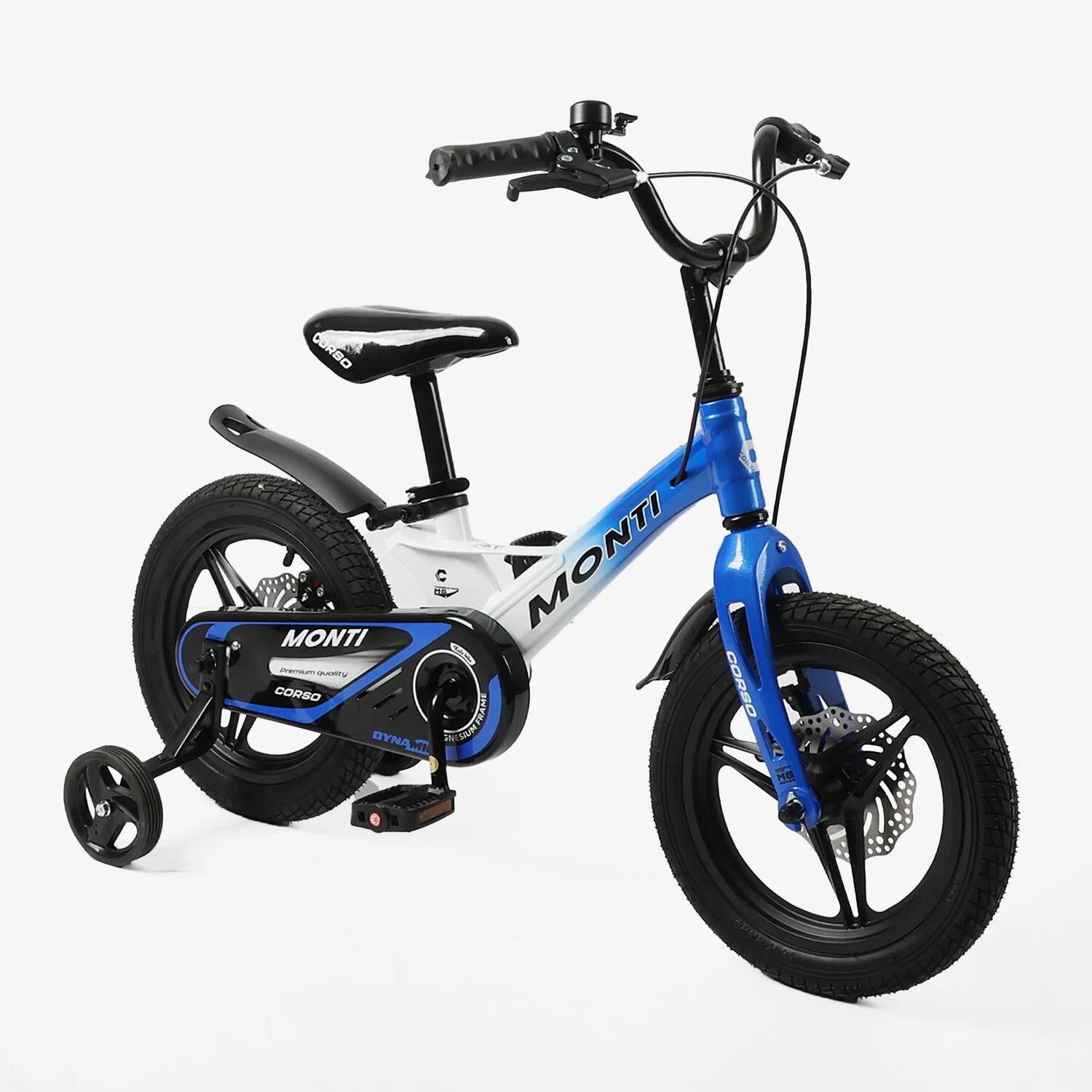 Детский велосипед Corso Monti двухколесный 14" с дополнительными колесами Синий (MT-14920)