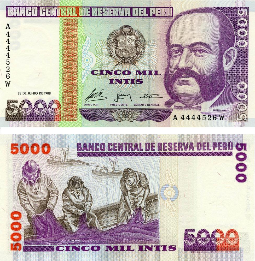 Коллекционная банкнота Перу 5000 инти 1988 UNC P137 (Б13273)