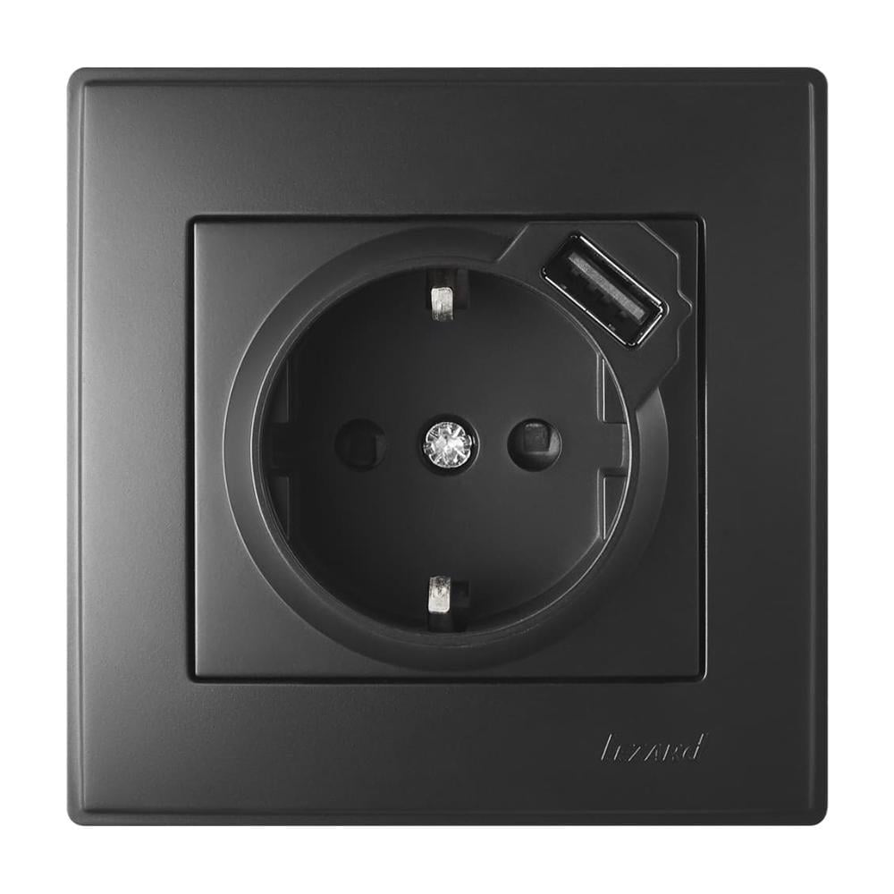Розетка Lezard Lesya 1-я с заземлением и USB Антрацитовый