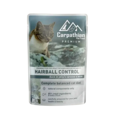 Корм вологий для котів Carpathian Pet Food Hairball Control для виведення шерсті качка в желе 80 г 24 шт.