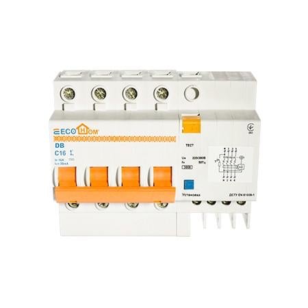 Дифавтомат ECOHOME ECO 4p 16A/30 мА/3kA тип C ECO030020001 (70656)
