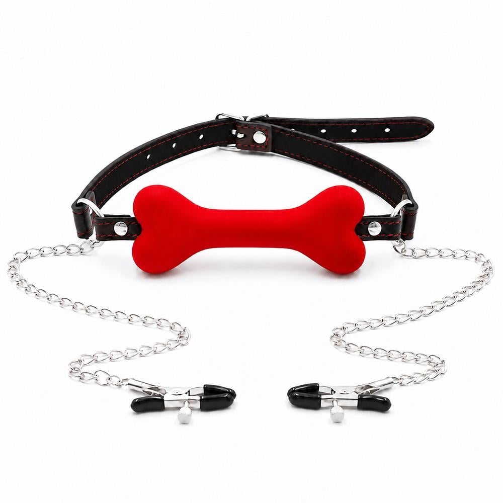BDSM кляп-косточка силиконовая с цепочкой и зажимами для сосков Красный (5969f672)