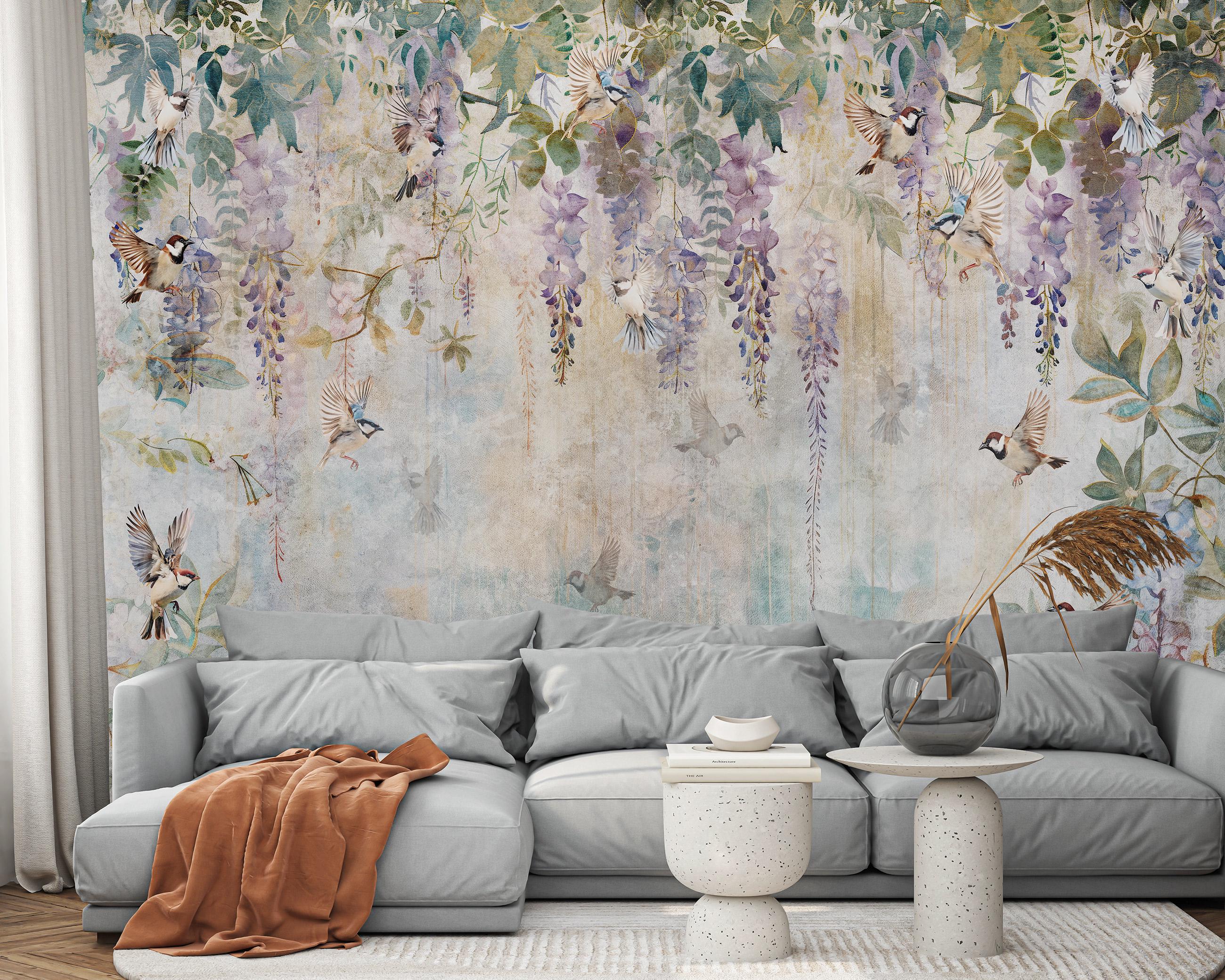 Фотообои Воробьи в глицинии и в весеннем саду с клеем 368х254 см (15357V8)