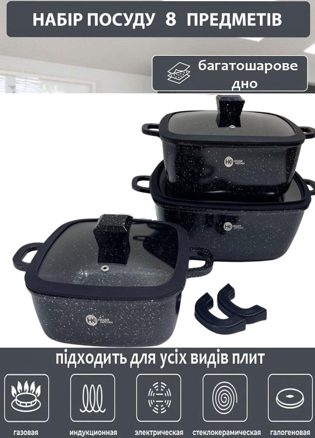 Набір каструль з кришками Higher Kitchen HK 325 із гранітним антипригарним покриттям 8 предметів 20/24/28 см Чорний (323ERDАА) - фото 3 Набір каструль з кришками Higher Kitchen HK 325 із гранітним антипригарним покриттям 8 предметів 20/24/28 см Чорний (323ERDАА) - фото 3