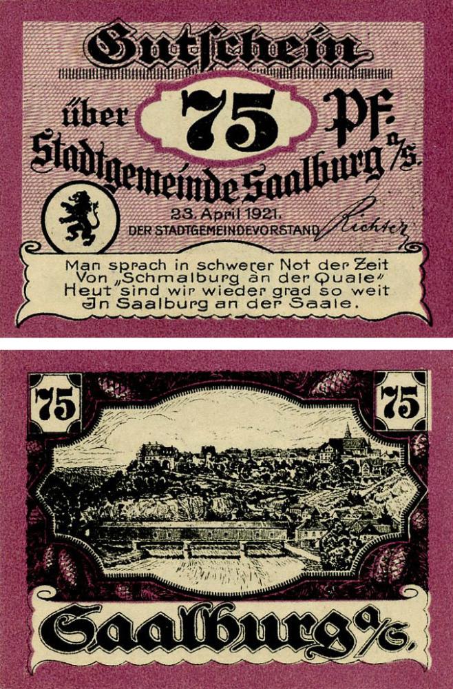 Коллекционная банкнота Германия Нотгельд 75 пфеннигов 1921 F-VF Заальбург (Б18597)