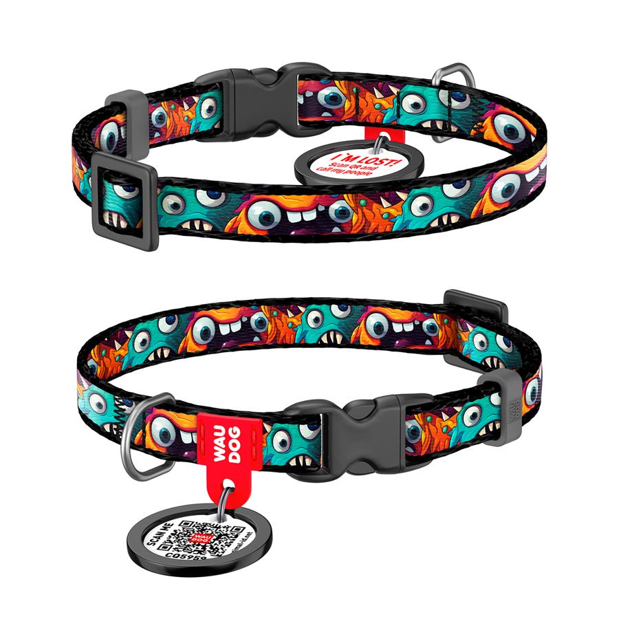 Ошейник для собак/кошек с QR-паспортом Waudog Nylon Зубастые монстры пластиковый фастекс XS 10 мм 20-30 см Разноцветный (278-4048)