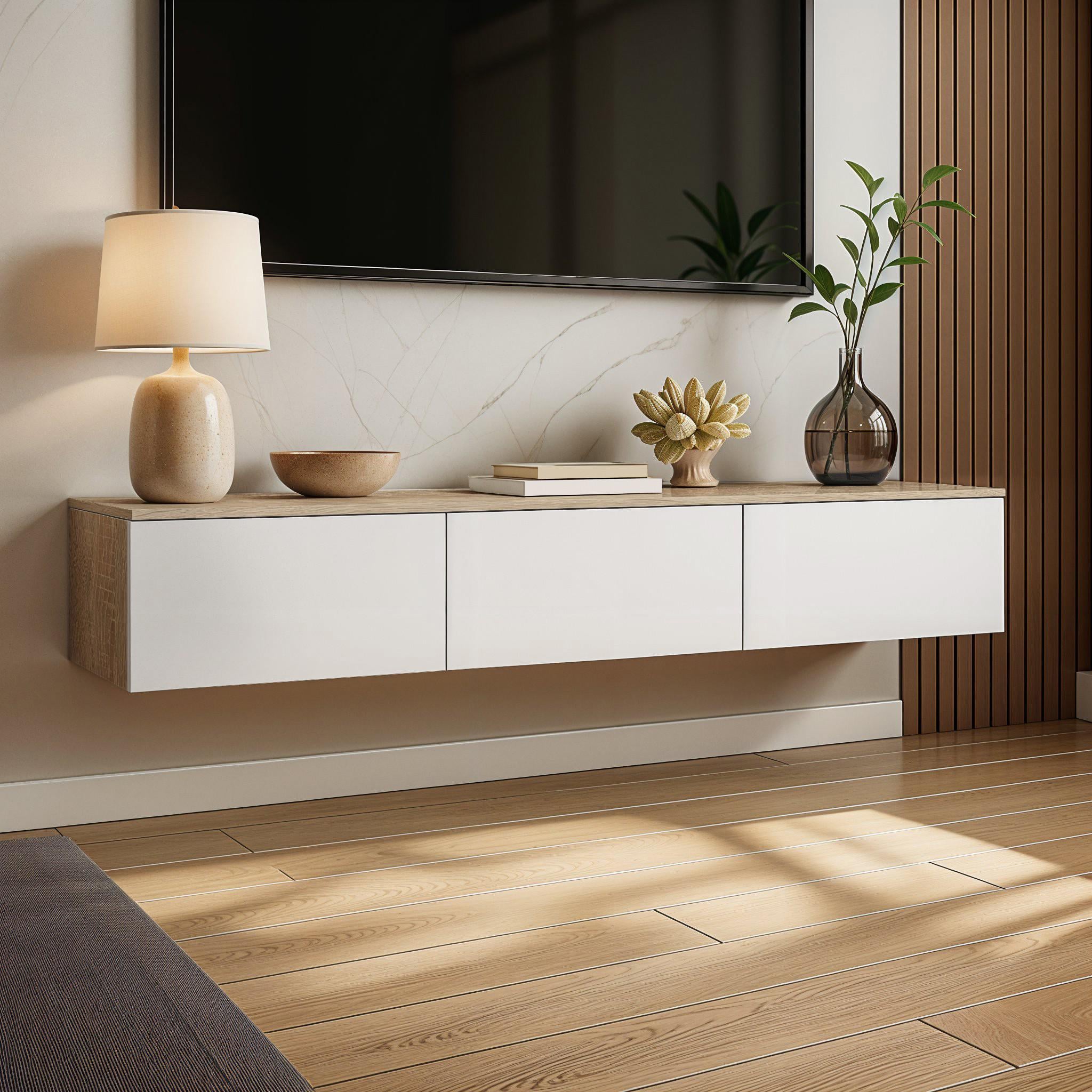 Тумба под телевизор подвесная с ящиками без ручек FT-221 1500x360х242 мм Дуб Сонома/Белый