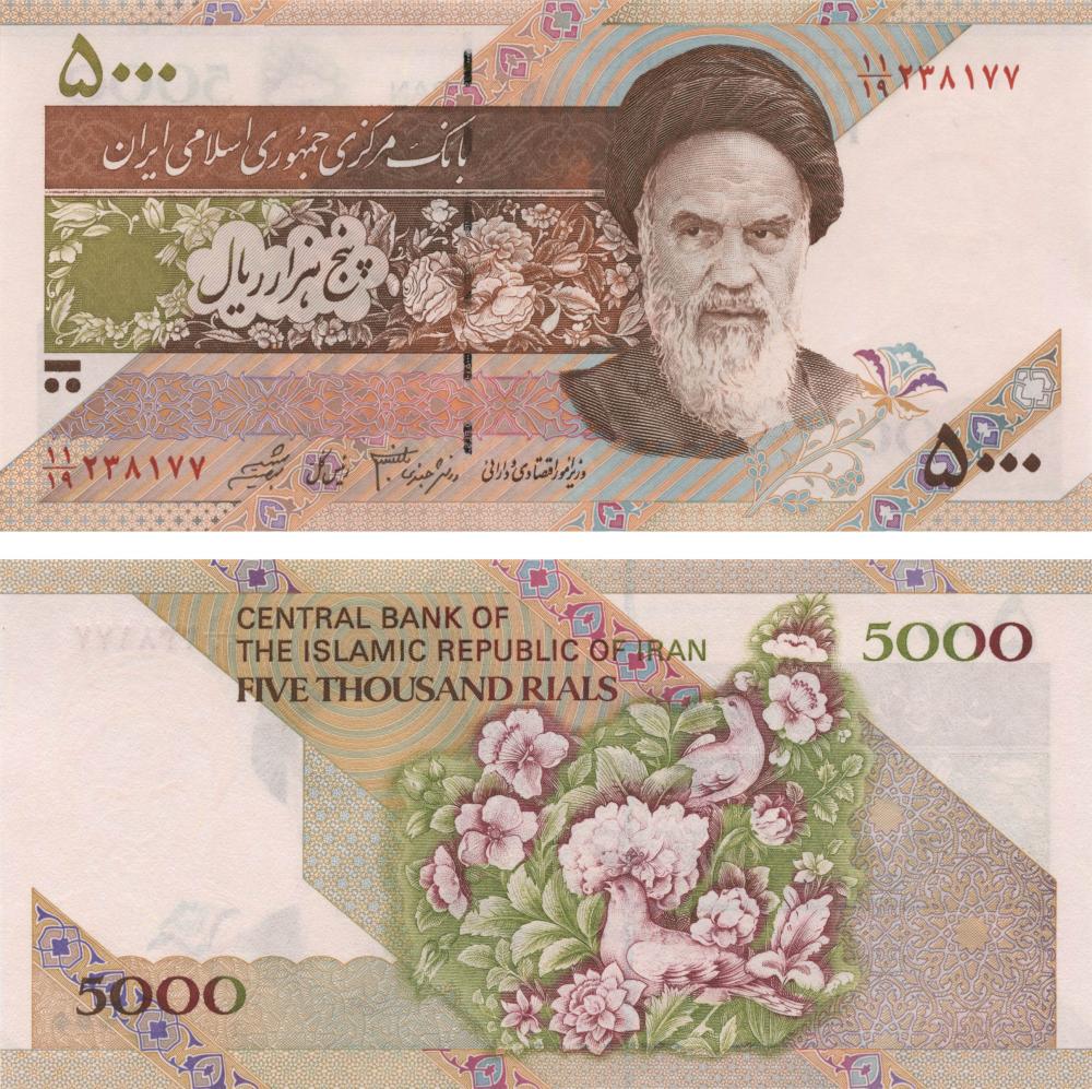 Коллекционная банкнота Иран 5000 риал 1993 UNC Цветы P145 (Б09994)