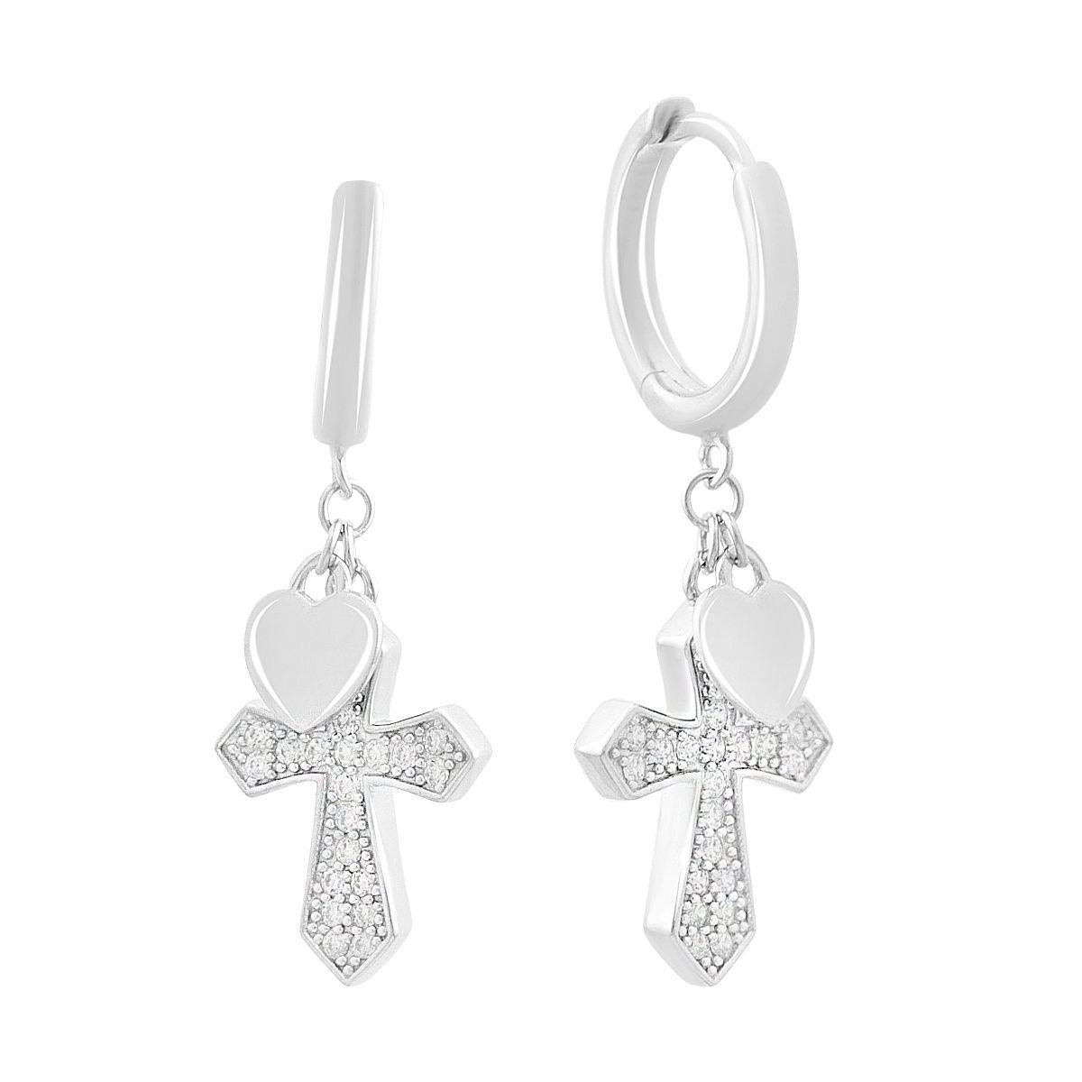 Сережки срібні з хрестом інкрустованим натуральними фіанітами та перламутром Сережки срібні з хрестом інкрустованим натуральними фіанітами та перламутром