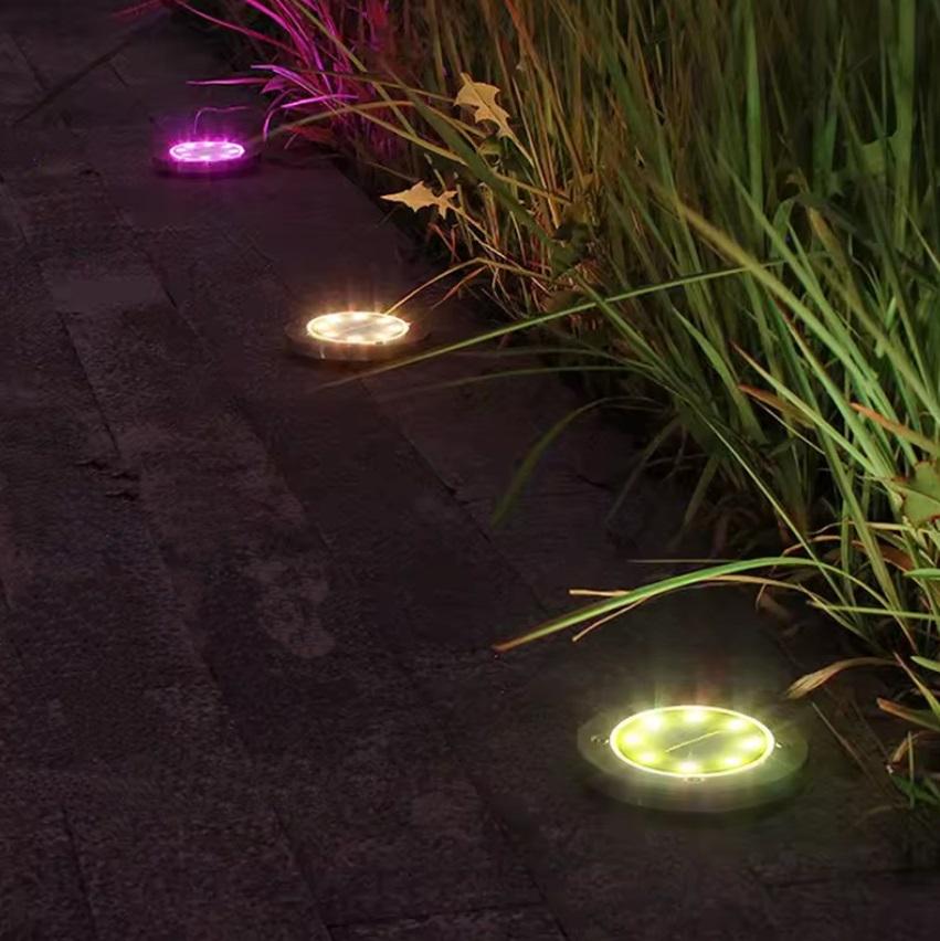Лампа сонячна садова RGB вулична в землю вбивний диск LED світильник 4 шт.