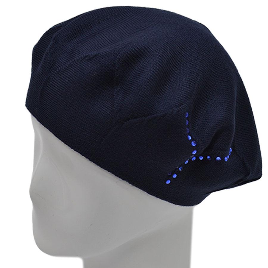 Берет Lirus Ирис двойной из шерсти тонкой вязки сбоку с камнями р. 56-58 Синий