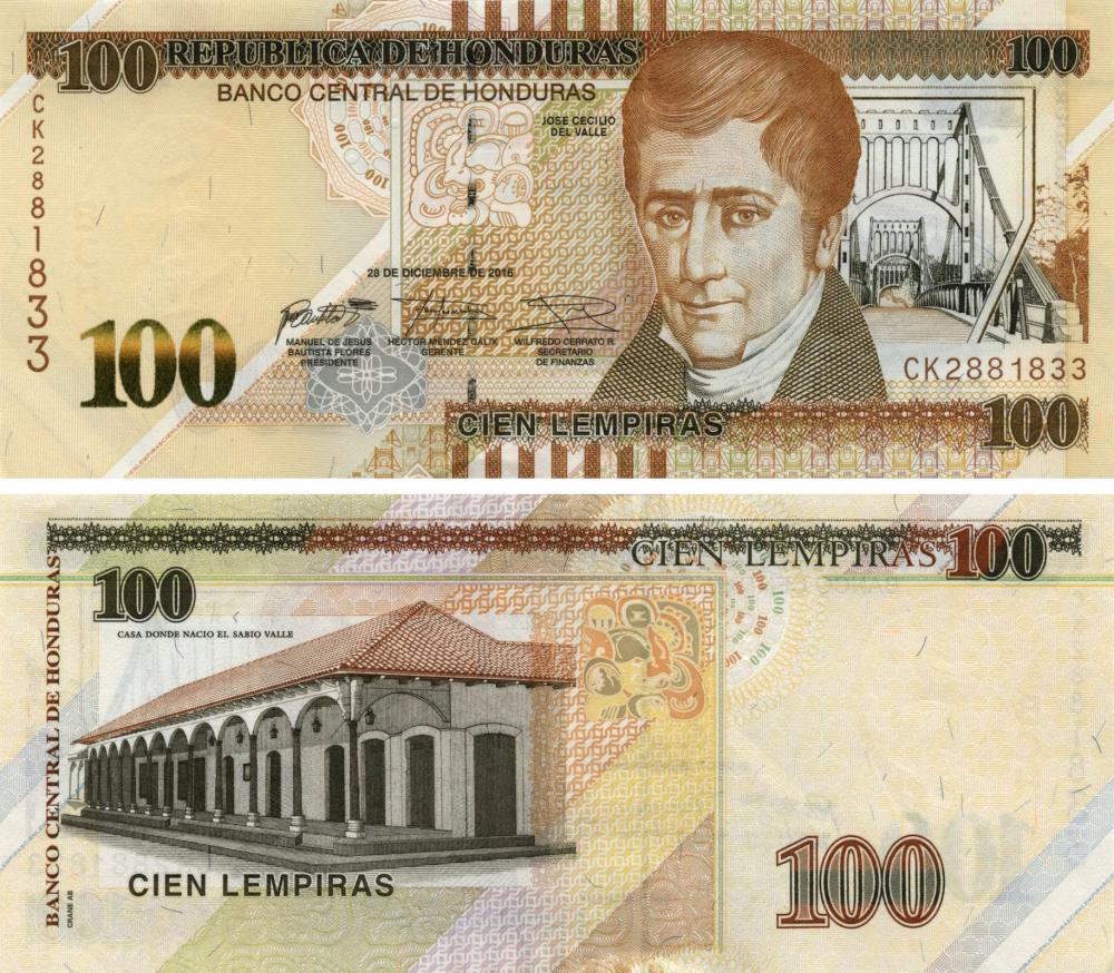 Коллекционная банкнота Гондурас 100 лемпир 2016 UNC (Б10370)