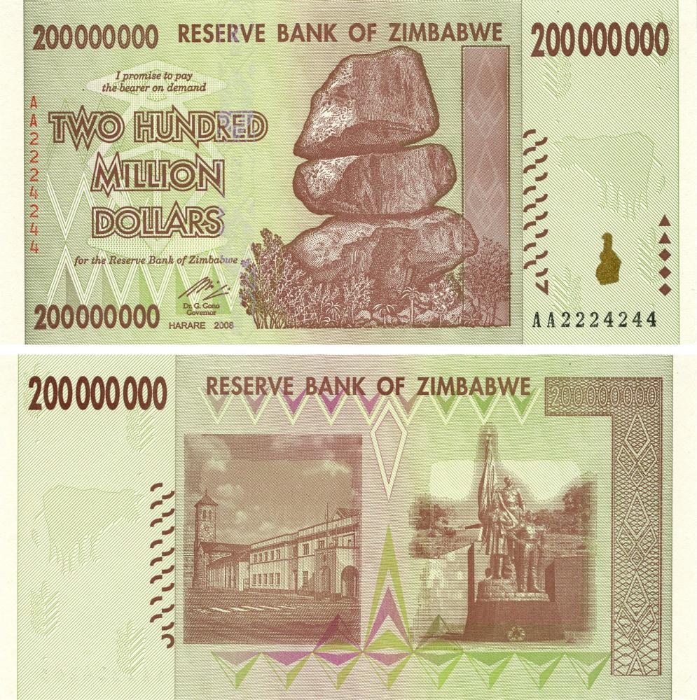 Коллекционная банкнота Зимбабве 200000000 долларов 2008 UNC 200 миллионов P81 (Б14758)